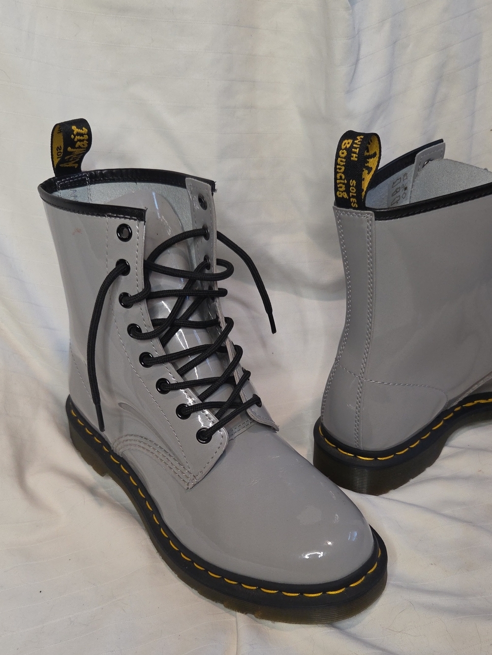 Dr Martens New Gray Patent Lace Up Combat Boots Sz 10